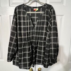 Modcloth Fervour 4X Black Windowpane Plaid Pullover Roll Tab Blouse 1/4 button